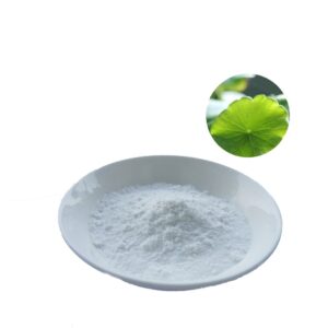 Product image of our 98% asiaticoside. White powder in a disk and a thumb-nail picture of the plant origin Centella asiatica.